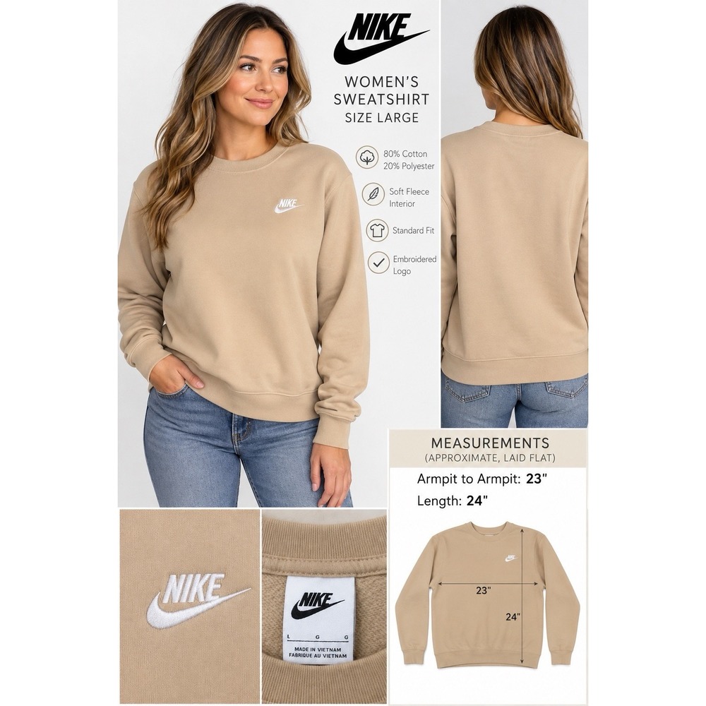 Nike Sportswear Women's Sweatshirt Size L Beige Tan Crewneck Embroidered Logo